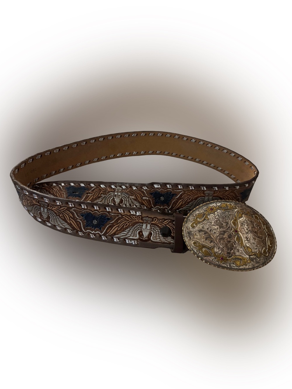 Vintage Custom Leather Canada Tooled Western Belt w/ Oval Buckle